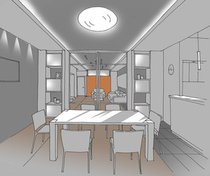 Заказать  online нетривиальный Блиц-проект интерьеров жилого пространства в г. Житомир  . Кухня-столовая 26,5 м2